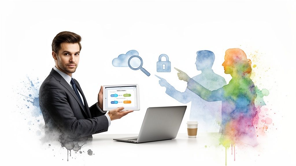 Uomo d'affari con tablet illustra concetti di cloud, sicurezza e collaborazione digitale.