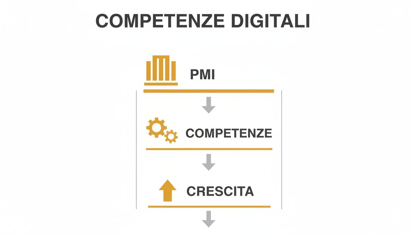 Diagramma che illustra il percorso delle PMI verso la crescita tramite l'acquisizione di competenze digitali.
