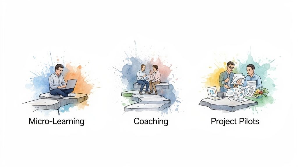 Tre illustrazioni che rappresentano micro-apprendimento con laptop, coaching e progetti pilota con persone in contesti di studio e lavoro.