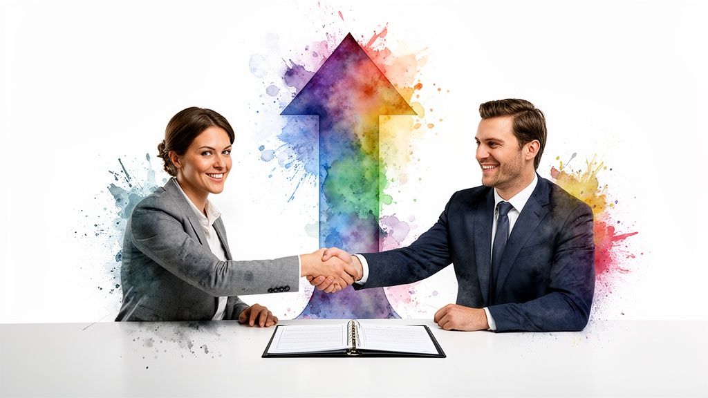 Due professionisti sorridenti si stringono la mano davanti a una freccia arcobaleno che simboleggia crescita aziendale.