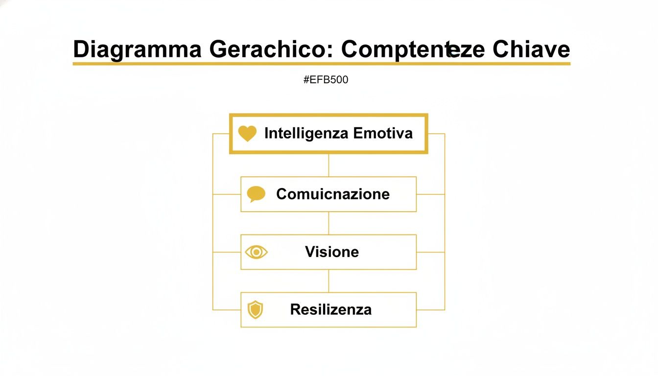 Diagramma gerarchico delle competenze chiave, con intelligenza emotiva al vertice e comunicazione, visione e resilienza come sottocompetenze.