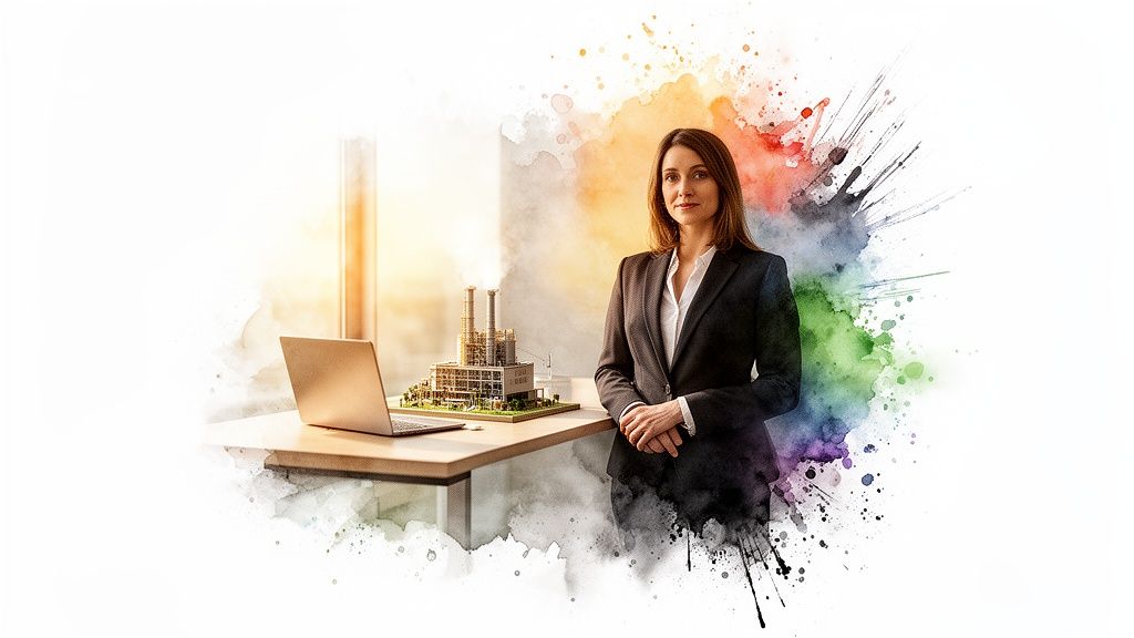Donna d'affari in giacca e cravatta accanto a un modello industriale e un laptop, con sfondo artistico ad acquerello.