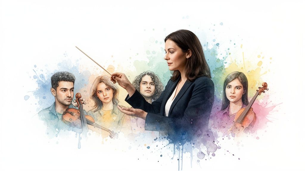 Una direttrice d'orchestra donna guida quattro violinisti, raffigurati con uno stile ad acquerello vibrante.