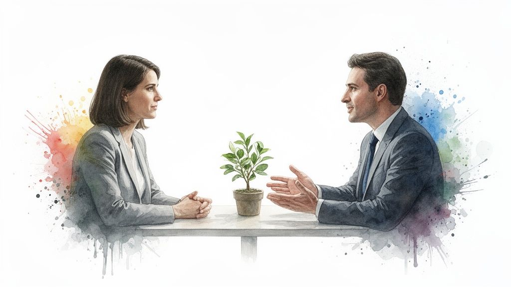 Illustrazione ad acquerello: due professionisti discutono a un tavolo con una pianta, simboleggiando collaborazione e crescita sostenibile.