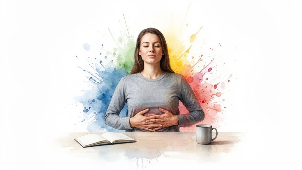 Donna medita con mani sulla pancia e occhi chiusi, sfondo acquerello colorato vibrante, simbolo calma e benessere.