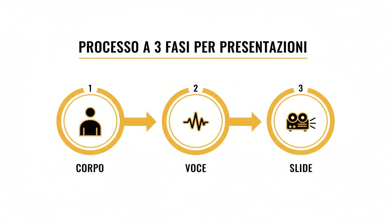 Un diagramma di flusso mostra il processo a 3 fasi per presentazioni: corpo, voce e slide, con icone esplicative.