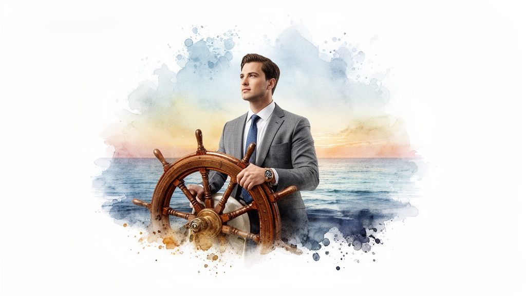 Un uomo d'affari in giacca e cravatta tiene un timone nautico, con uno sfondo acquerellato di mare e cielo al tramonto. Sembra guardare avanti con determinazione.