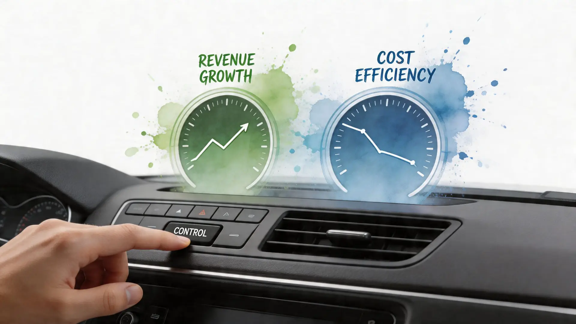 Una mano preme un pulsante in un'auto con icone digitali di crescita dei ricavi ed efficienza dei costi.