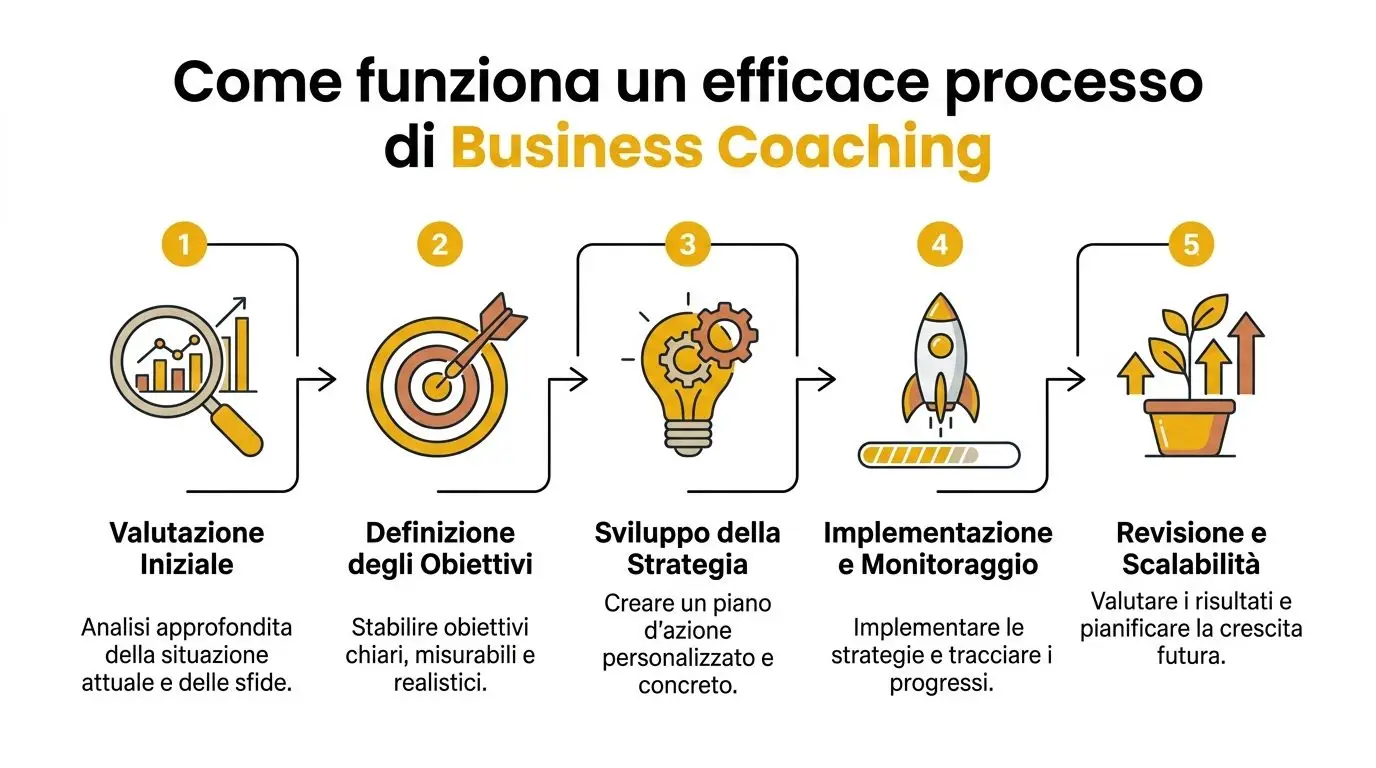Un diagramma illustrato che descrive le cinque fasi fondamentali di un efficace processo di business coaching professionale.