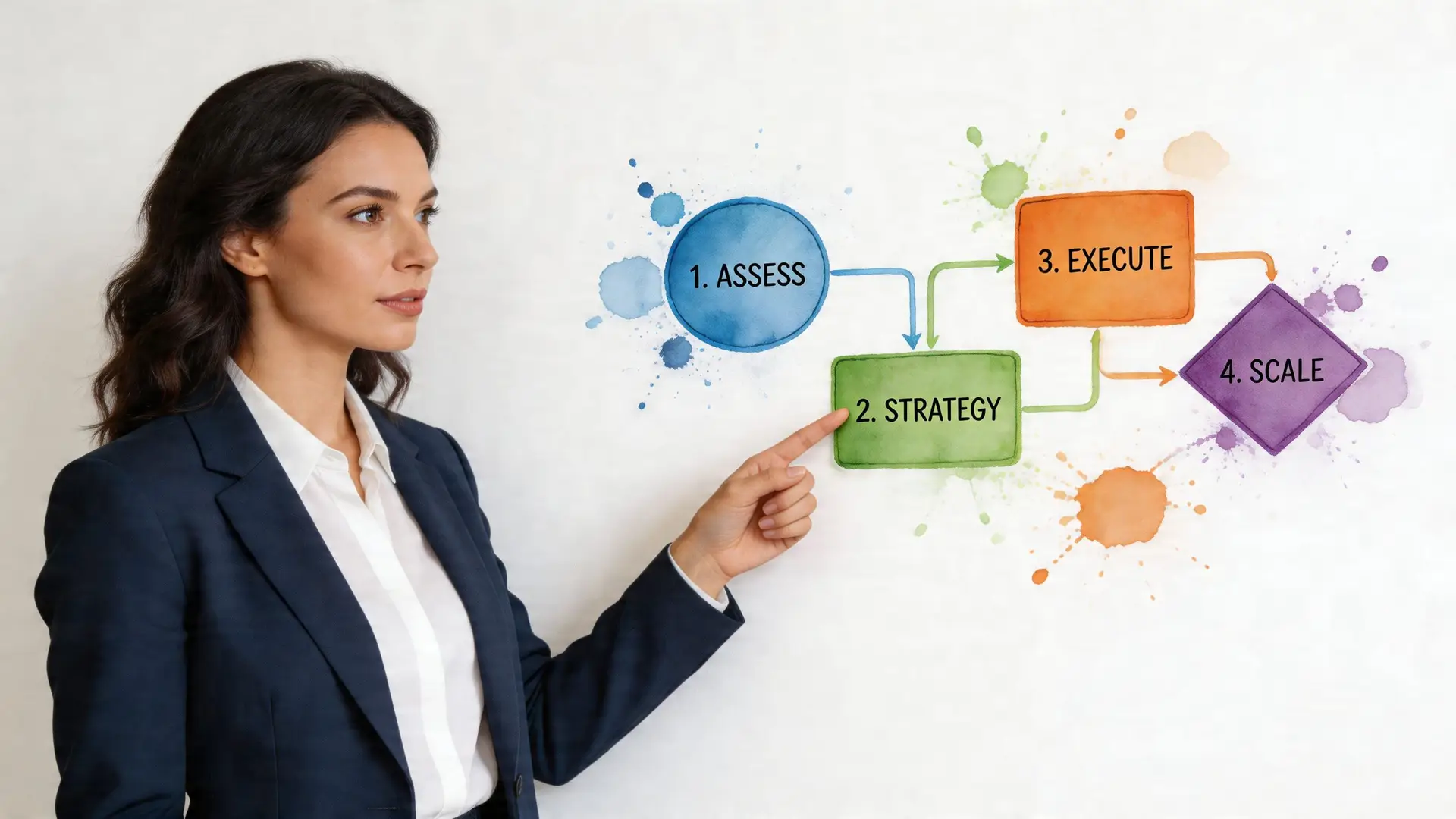 Una consulente aziendale indica uno schema a quattro fasi su una lavagna bianca per il business.