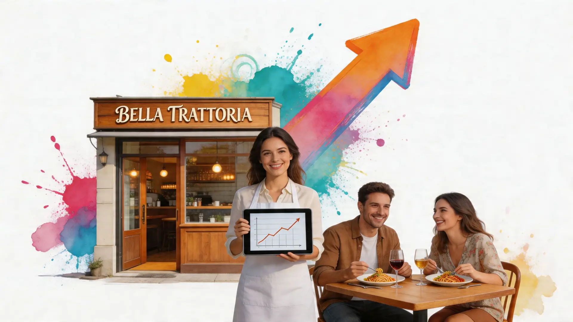 Una sorridente cameriera mostra un grafico di crescita davanti al ristorante Bella Trattoria con clienti che mangiano.