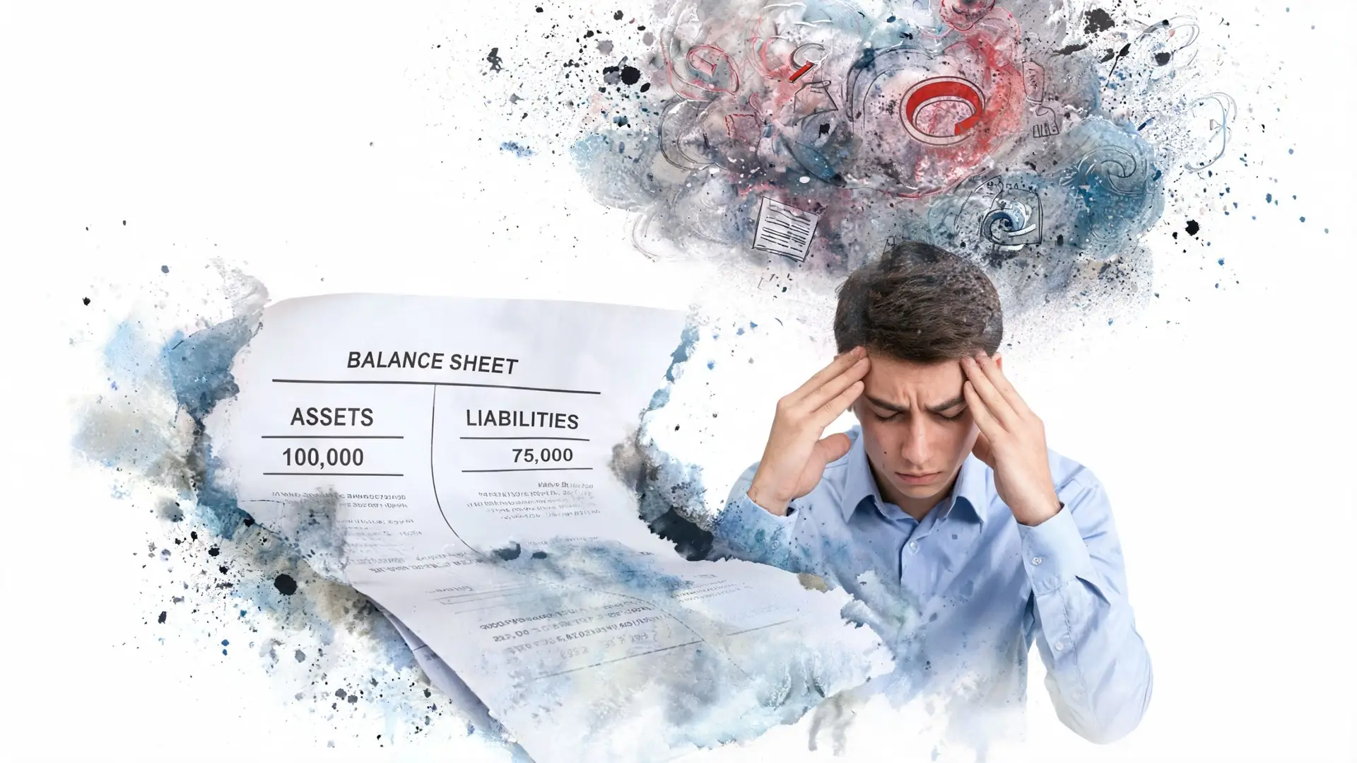 Un giovane uomo stressato guarda un bilancio con attività e passività in un ufficio moderno.