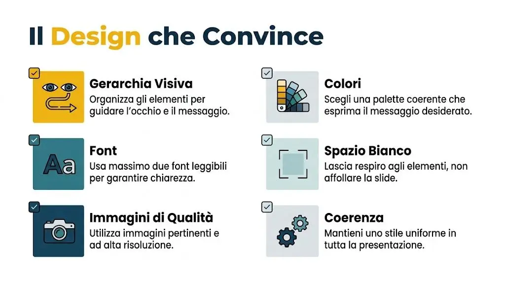 Una infografica che illustra sei consigli fondamentali per creare un design efficace nelle presentazioni professionali.