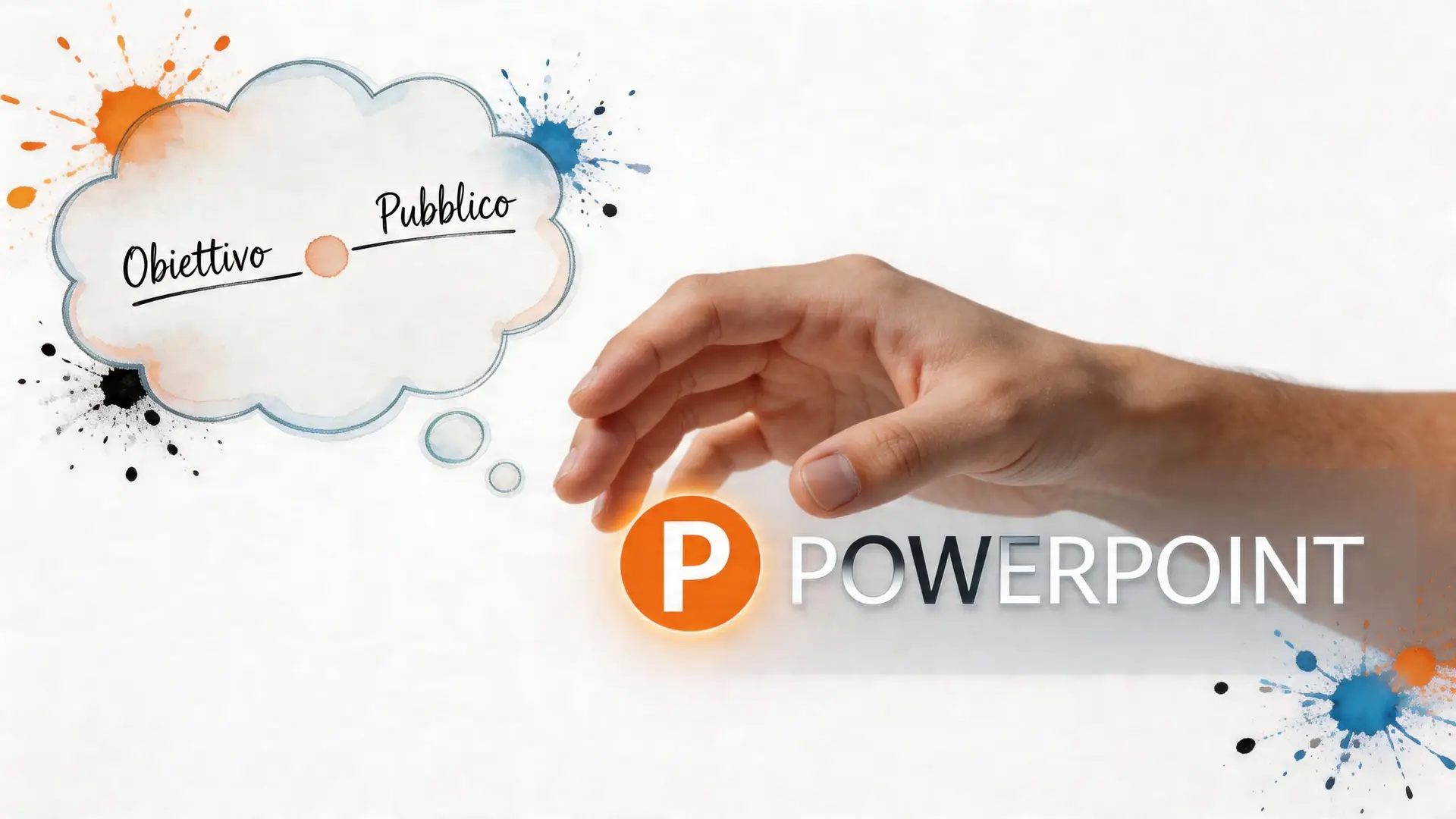 Una mano posizionata sopra l'icona di PowerPoint con una nuvoletta contenente le scritte Obiettivo e Pubblico