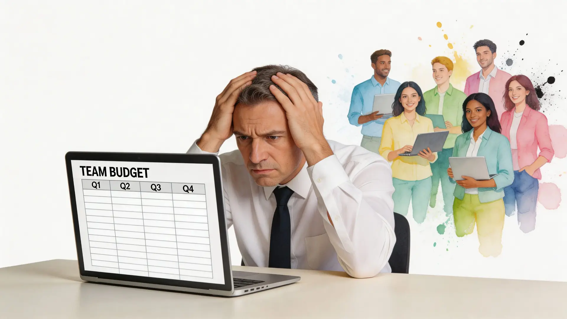 Un professionista stressato davanti al computer che analizza il budget aziendale con un team sullo sfondo