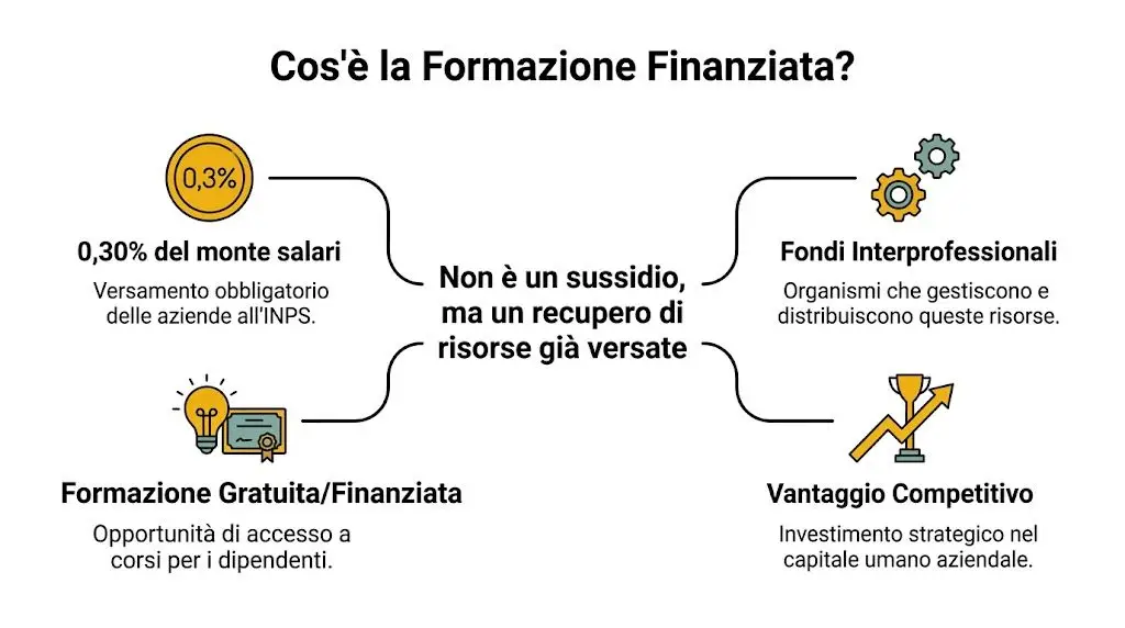 Schema esplicativo che illustra il funzionamento della formazione finanziata per le aziende italiane tramite i fondi interprofessionali.