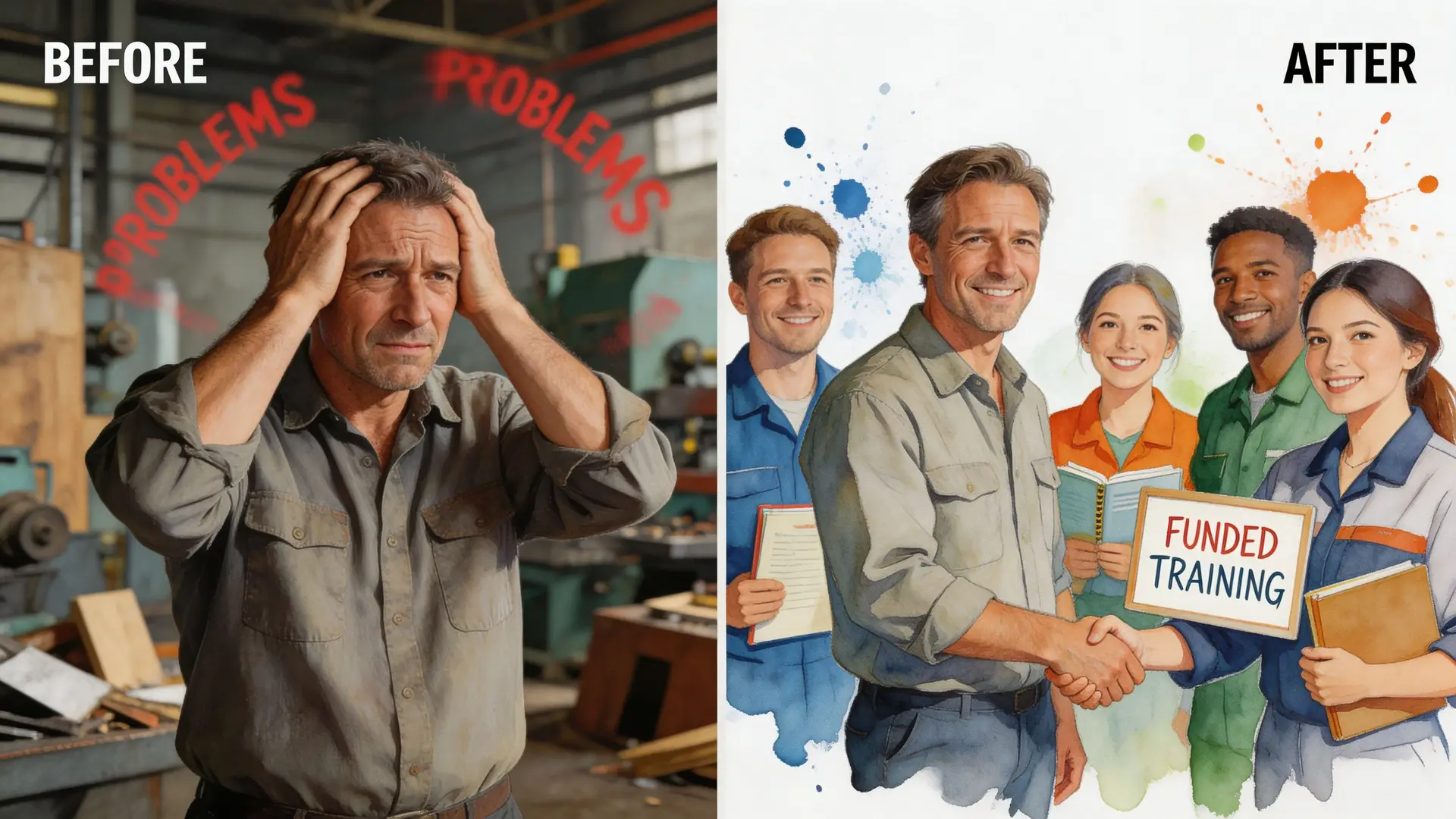 Un uomo stressato in officina trasformato in un team felice grazie a corsi di formazione finanziata professionale.