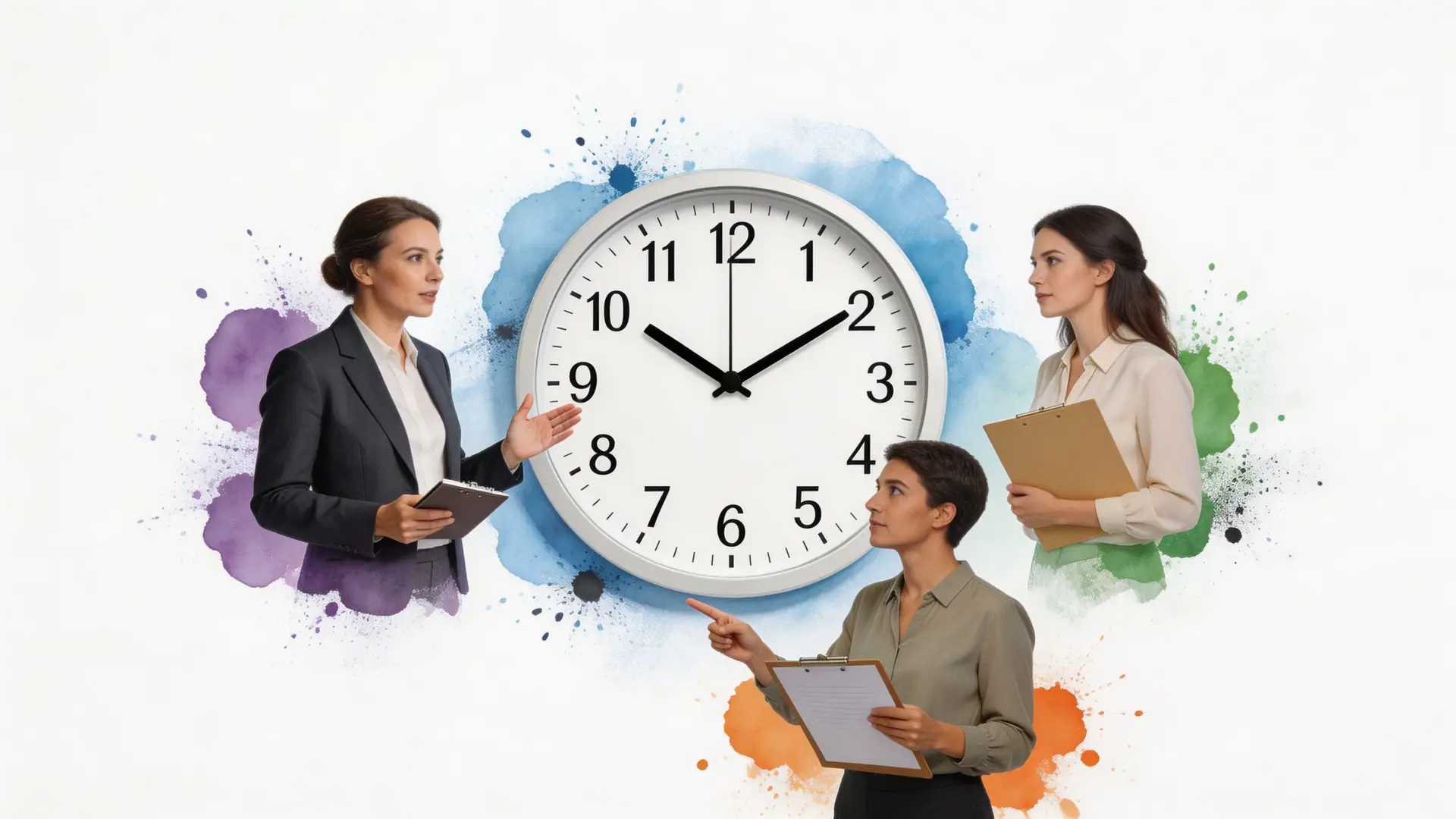 Tre donne professioniste con cartelle discutono davanti a un grande orologio su sfondo con macchie colorate.