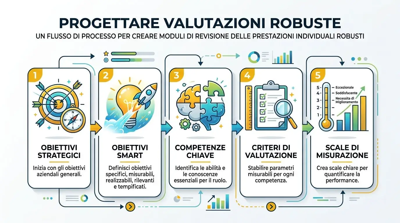 Un infografica sul processo di progettazione per creare moduli di revisione delle prestazioni individuali robuste.