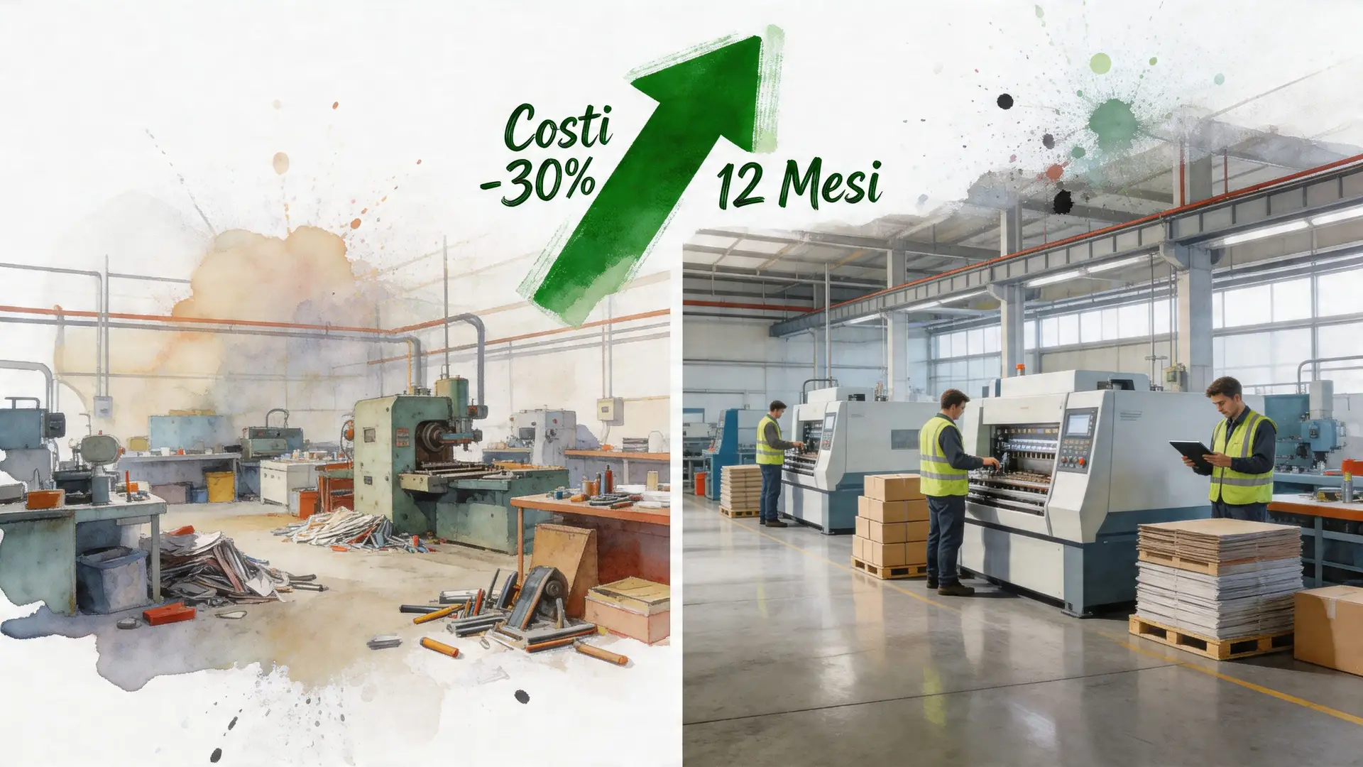Confronto tra un ambiente industriale disordinato e una moderna fabbrica efficiente con riduzione dei costi del 30%.