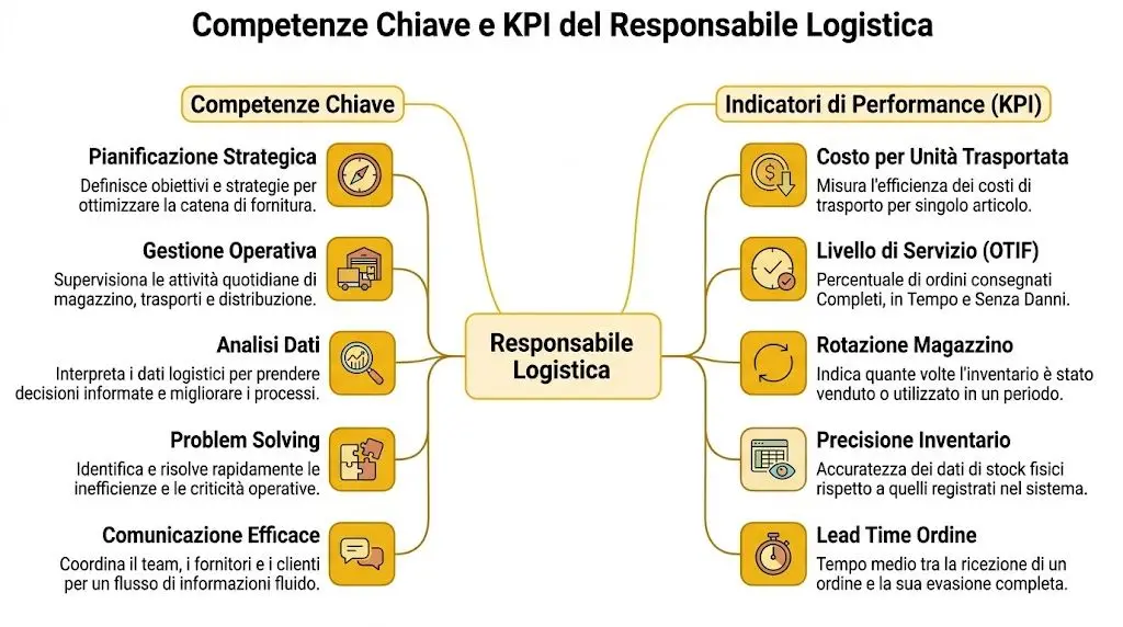 Schema visivo che illustra le competenze chiave e gli indicatori di performance del responsabile della logistica aziendale.