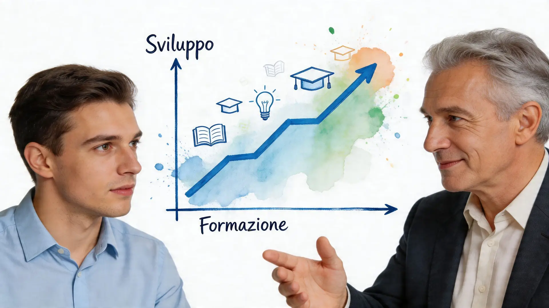Un giovane uomo e un manager esperto discutono di sviluppo e formazione professionale in un ufficio moderno.