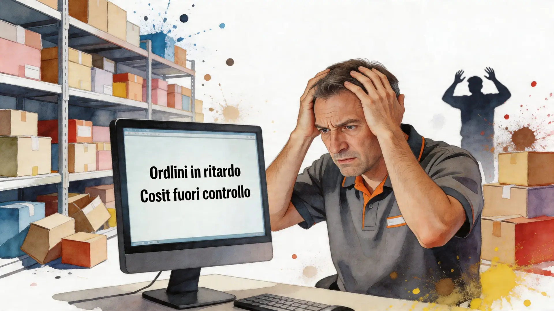 Un responsabile della logistica stressato guarda un computer in magazzino con ordini in ritardo e costi fuori controllo.