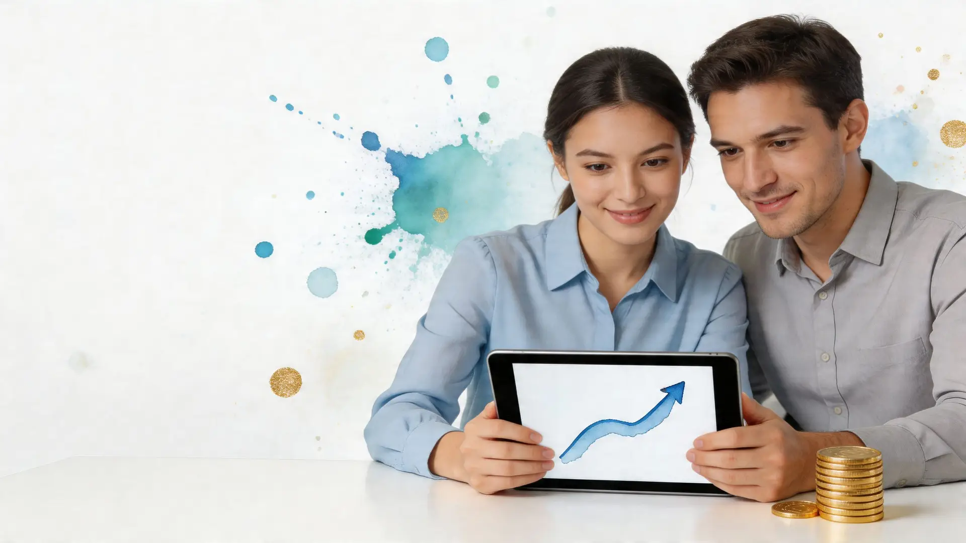 Una giovane coppia felice analizza insieme un grafico di crescita finanziaria su un tablet digitale luminoso.