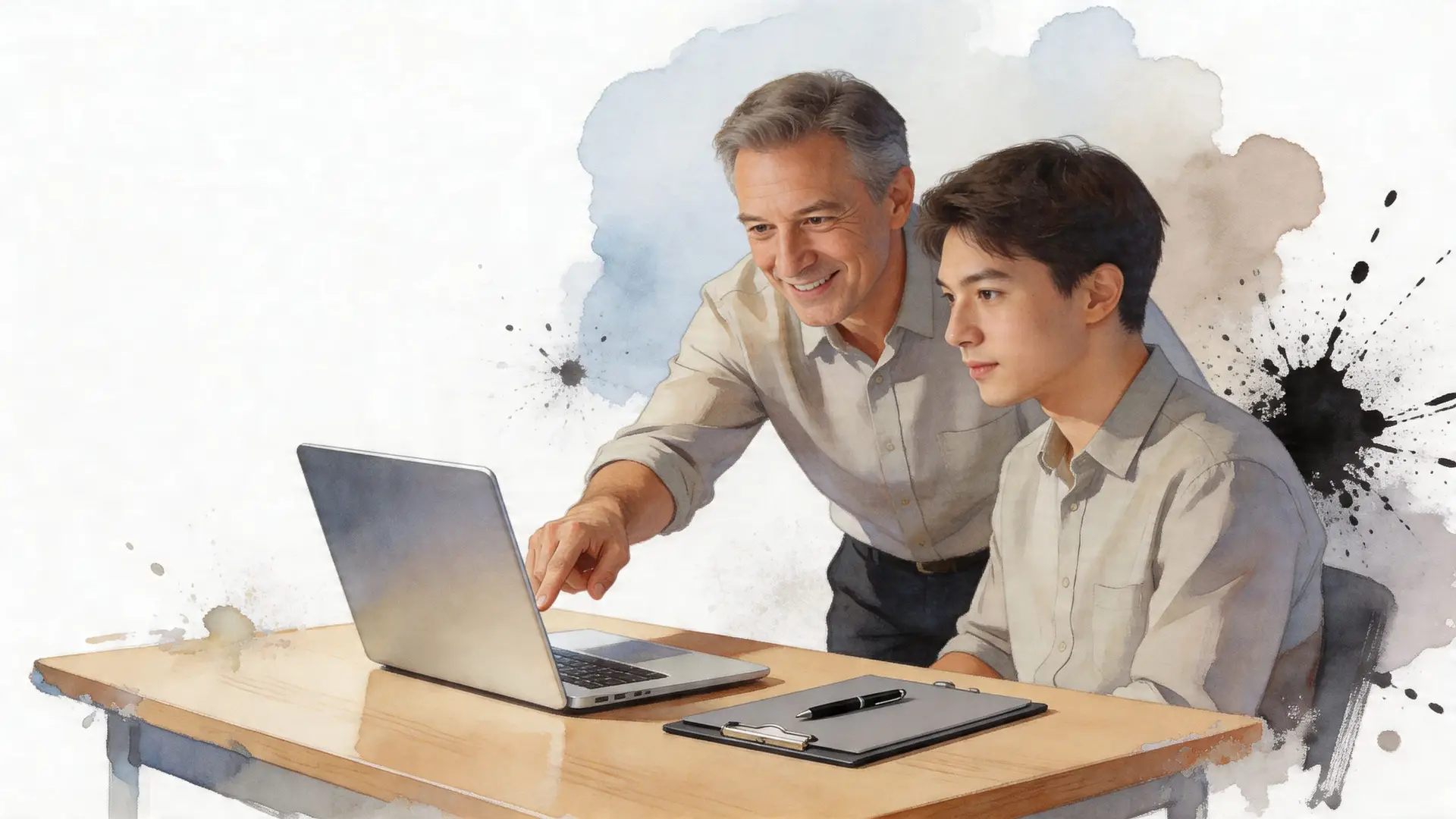 Un mentore esperto spiega il lavoro a un giovane collega davanti al computer in un ufficio moderno.