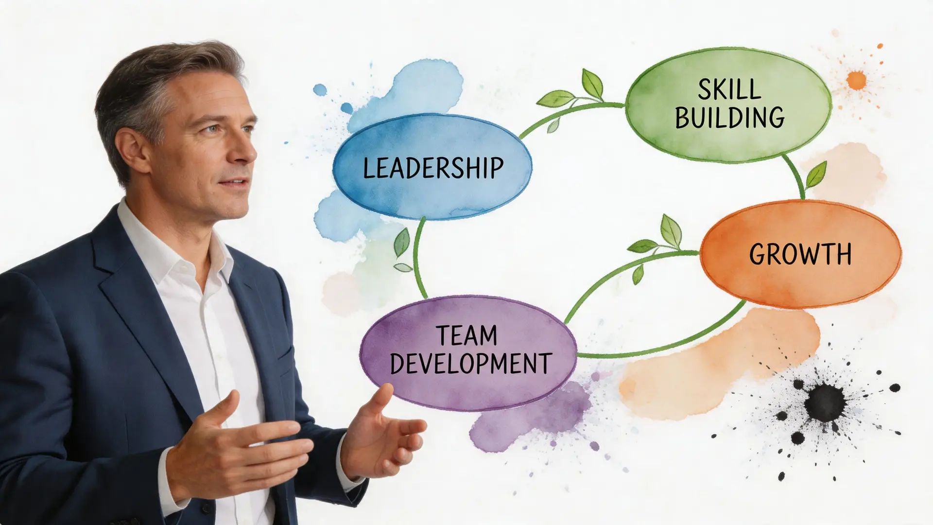 Un professionista in giacca spiega i concetti di leadership, sviluppo del team, acquisizione di competenze e crescita professionale.
