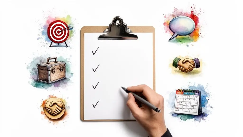 Una mano scrive su una lista di controllo con icone di obiettivi, strumenti, comunicazione e collaborazione.