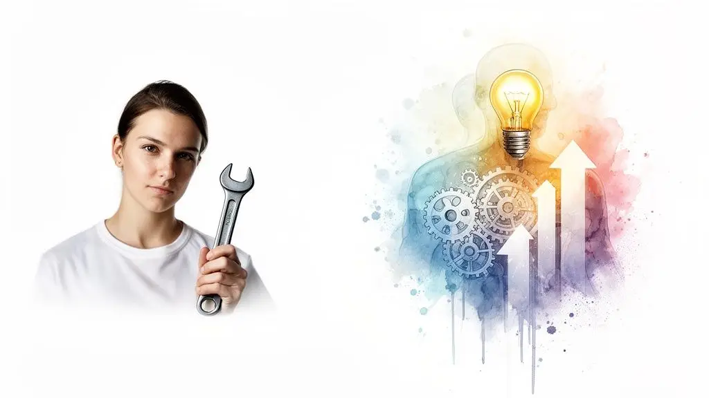 Donna con chiave inglese e silhouette umana illustrata con ingranaggi, lampadina accesa e frecce in aumento.