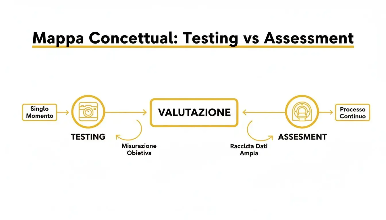 Mappa concettuale che confronta Testing e Assessment, mostrando il loro legame con la Valutazione e le differenze temporali e di dati.