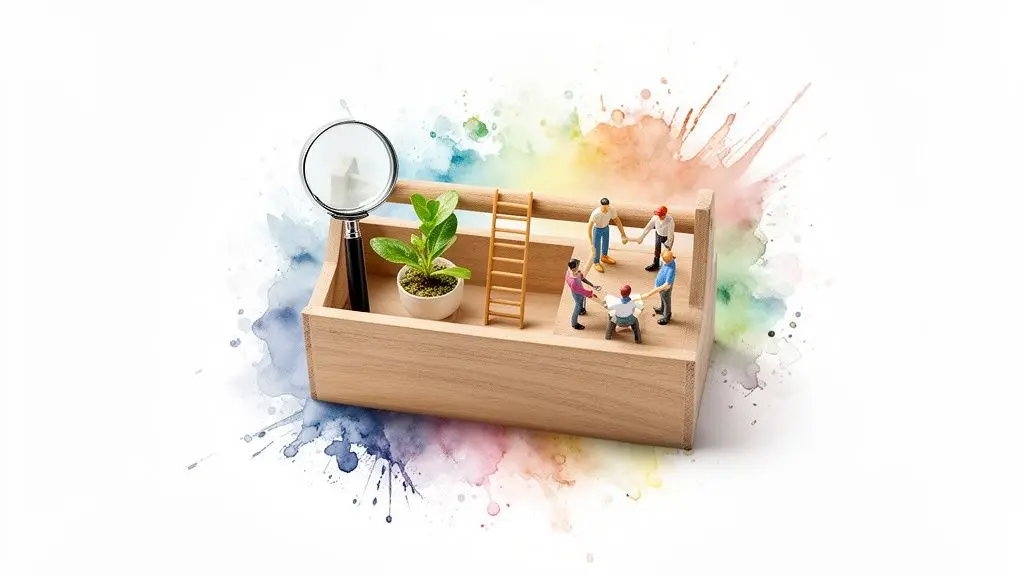 Miniature di persone collaborano in una scatola di legno con pianta, scala e lente d'ingrandimento, su sfondo ad acquerello.