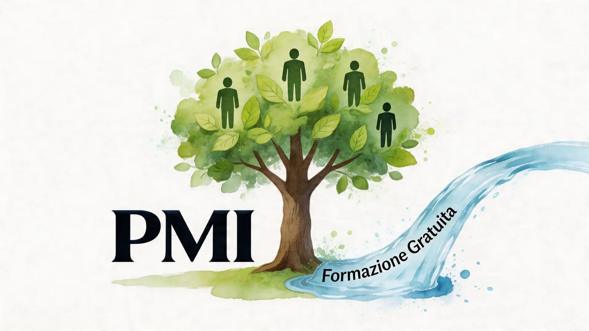 Albero stilizzato con figure umane e un ruscello d'acqua che simboleggia la formazione gratuita per le PMI.