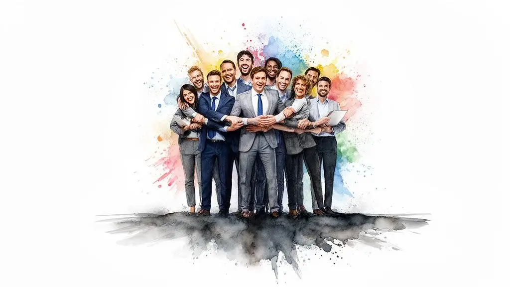 Un gruppo di professionisti sorridenti uniti in una posa collaborativa su uno sfondo colorato ad acquerello