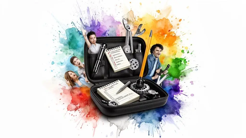 Una borsa nera aperta contiene strumenti di lavoro, un blocco note e persone che interagiscono creativamente.