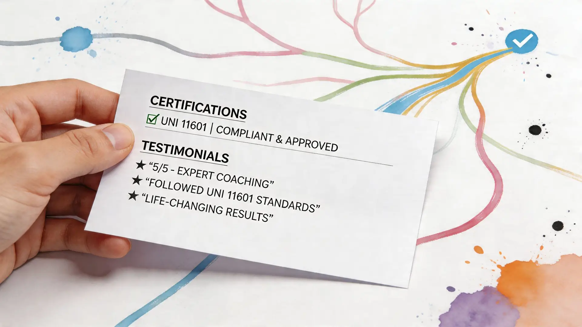 Una mano che tiene un biglietto bianco con le certificazioni e le testimonianze del servizio di coaching professionale.
