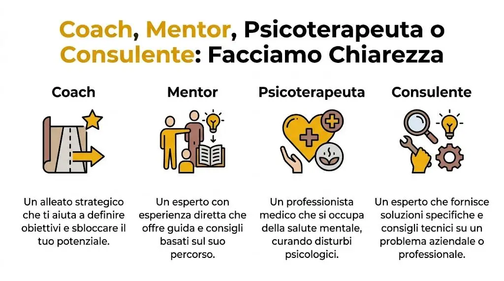 Infografica che illustra le differenze tra coach, mentor, psicoterapeuta e consulente professionale con brevi descrizioni.