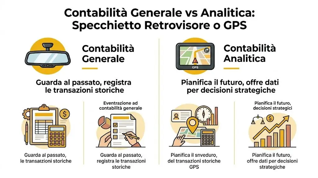 Un infografica che mette a confronto la contabilità generale e quella analitica usando metafore visive.