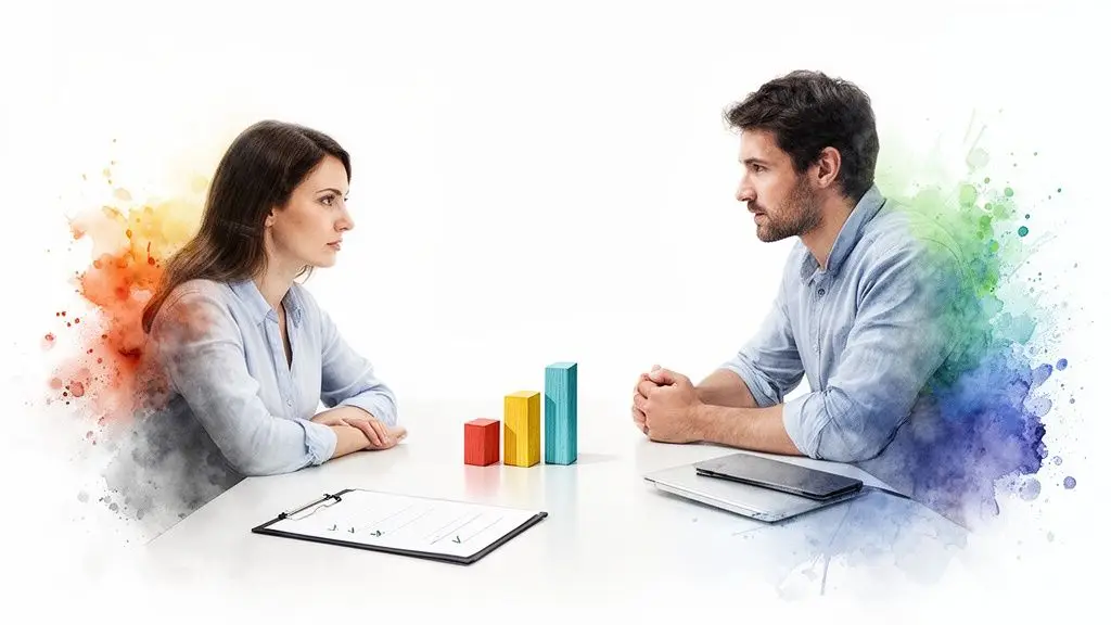 Uomo e donna in un incontro di coaching con grafici colorati e appunti sul tavolo.
