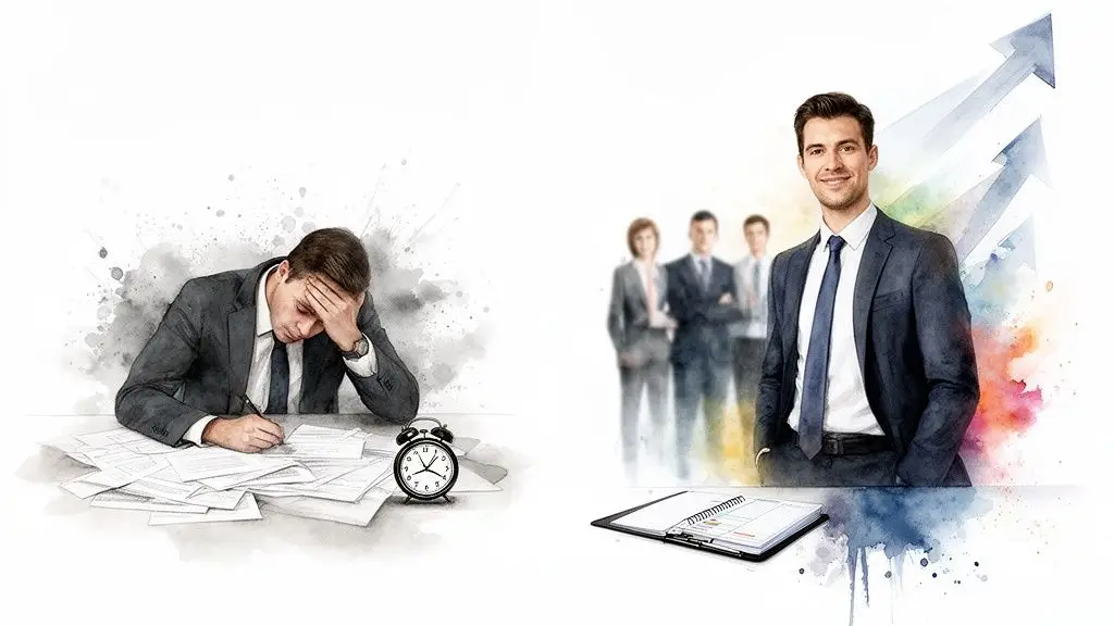 Immagine contrastante: un uomo stressato con documenti e una sveglia, contrapposto a un uomo d'affari sorridente con il suo team e frecce di crescita.