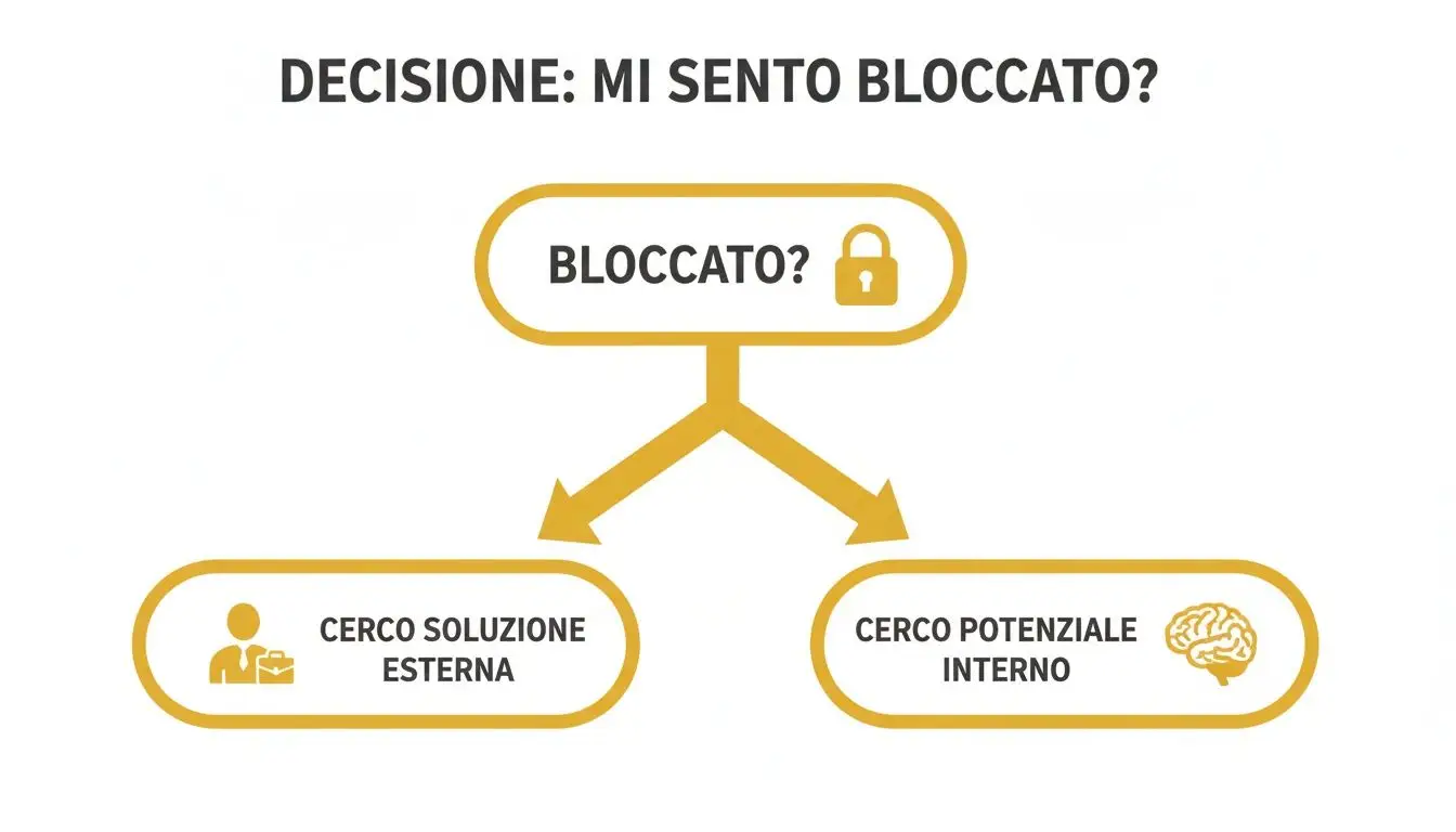 Diagramma di flusso che illustra il processo decisionale quando ci si sente bloccati, esplorando soluzioni esterne o potenziale interno.