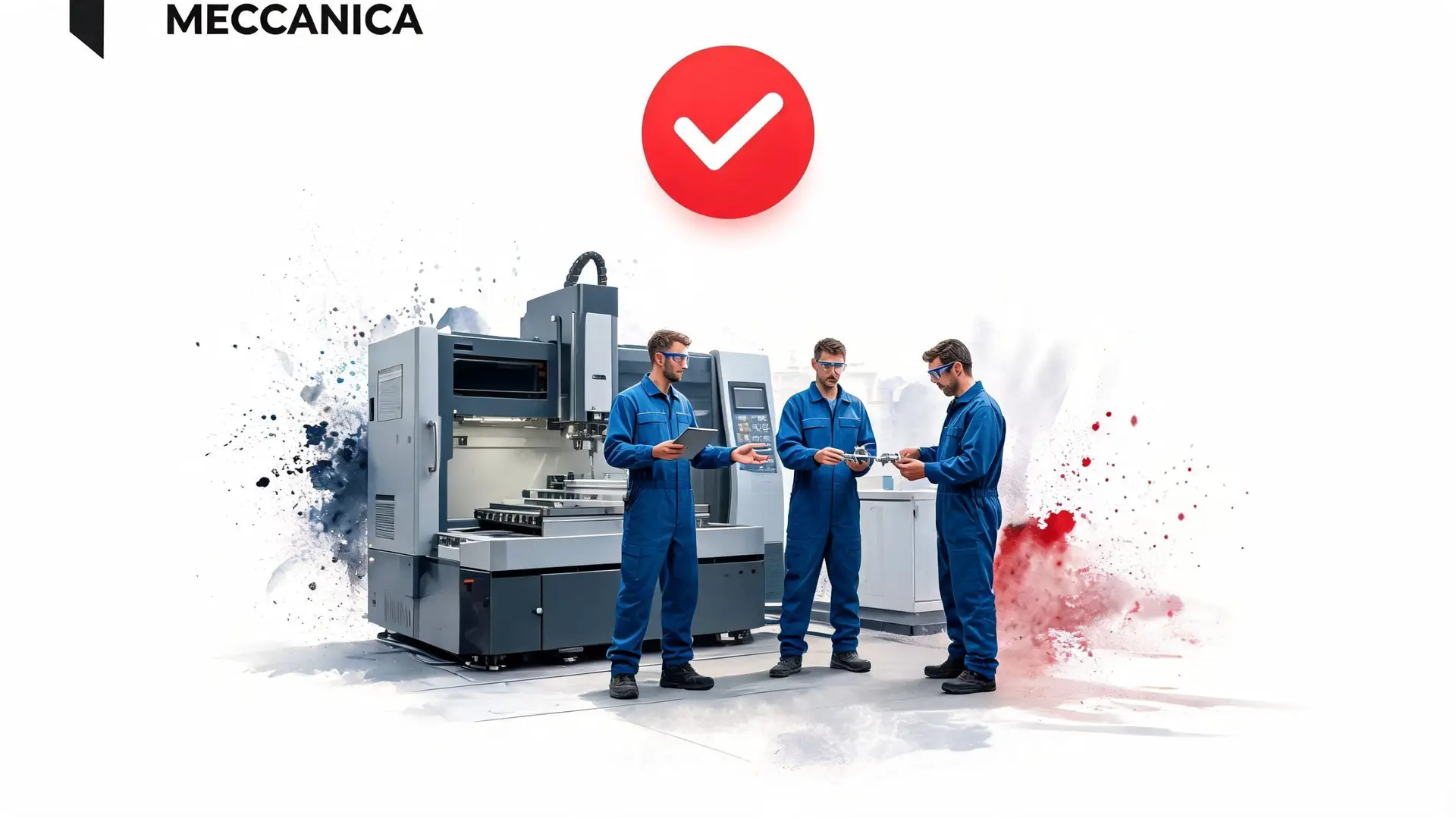 Tre tecnici in tuta blu analizzano un componente meccanico di fronte a un macchinario CNC industriale moderno.
