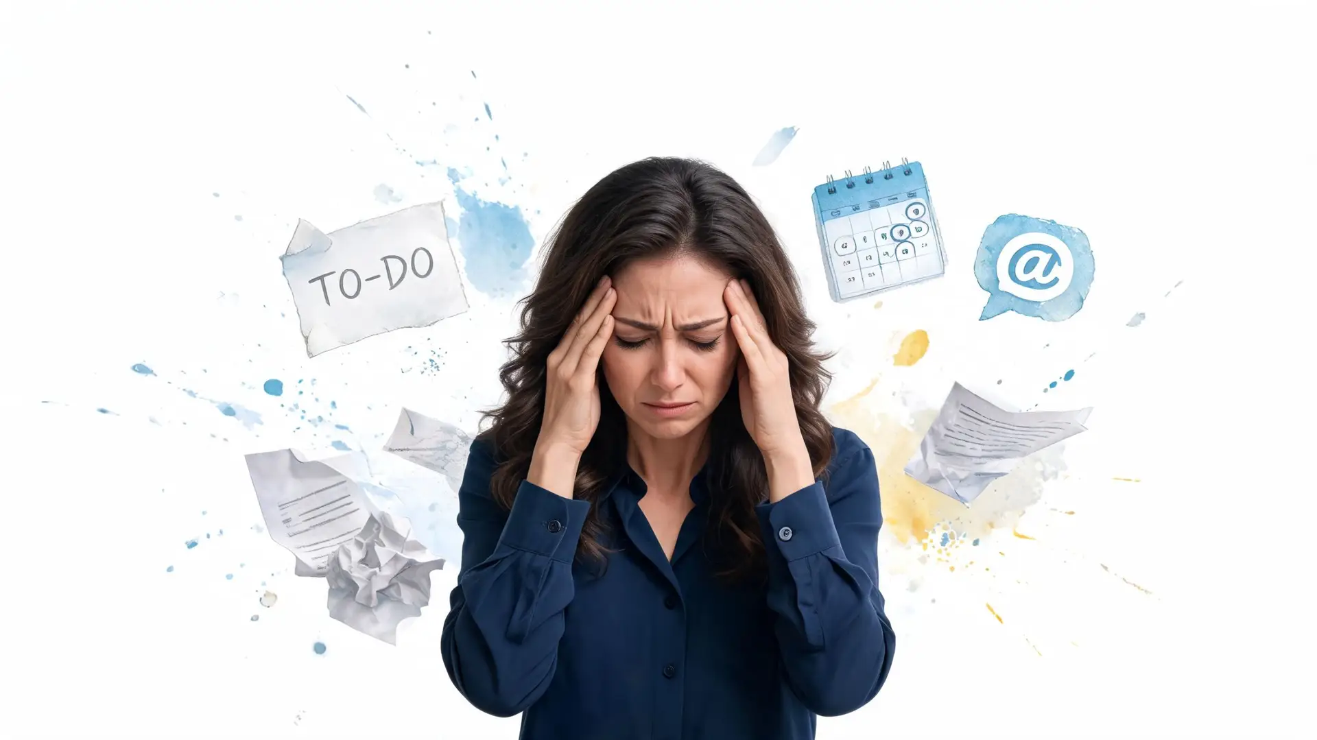 Donna stressata che si tocca la testa circondata da simboli di lavoro, scadenze e compiti da svolgere.