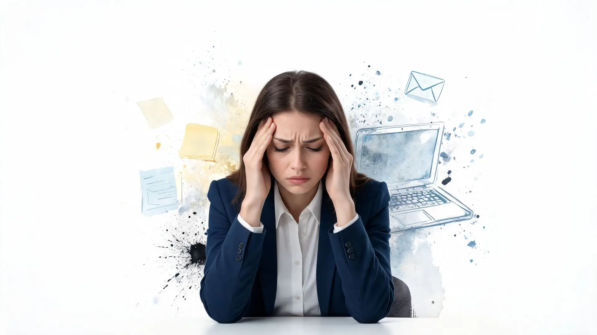 Una giovane manager in giacca blu sembra stressata mentre si tocca la fronte davanti a un computer.