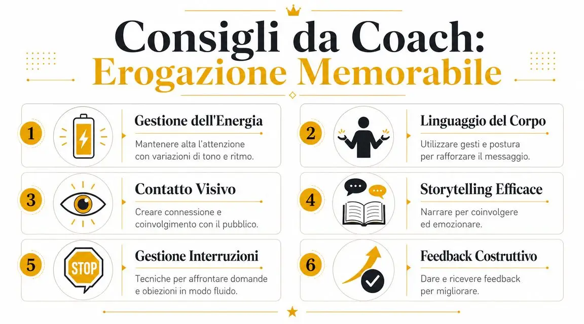 Infografica con sei consigli pratici per un coach su come migliorare la comunicazione e l'efficacia formativa.