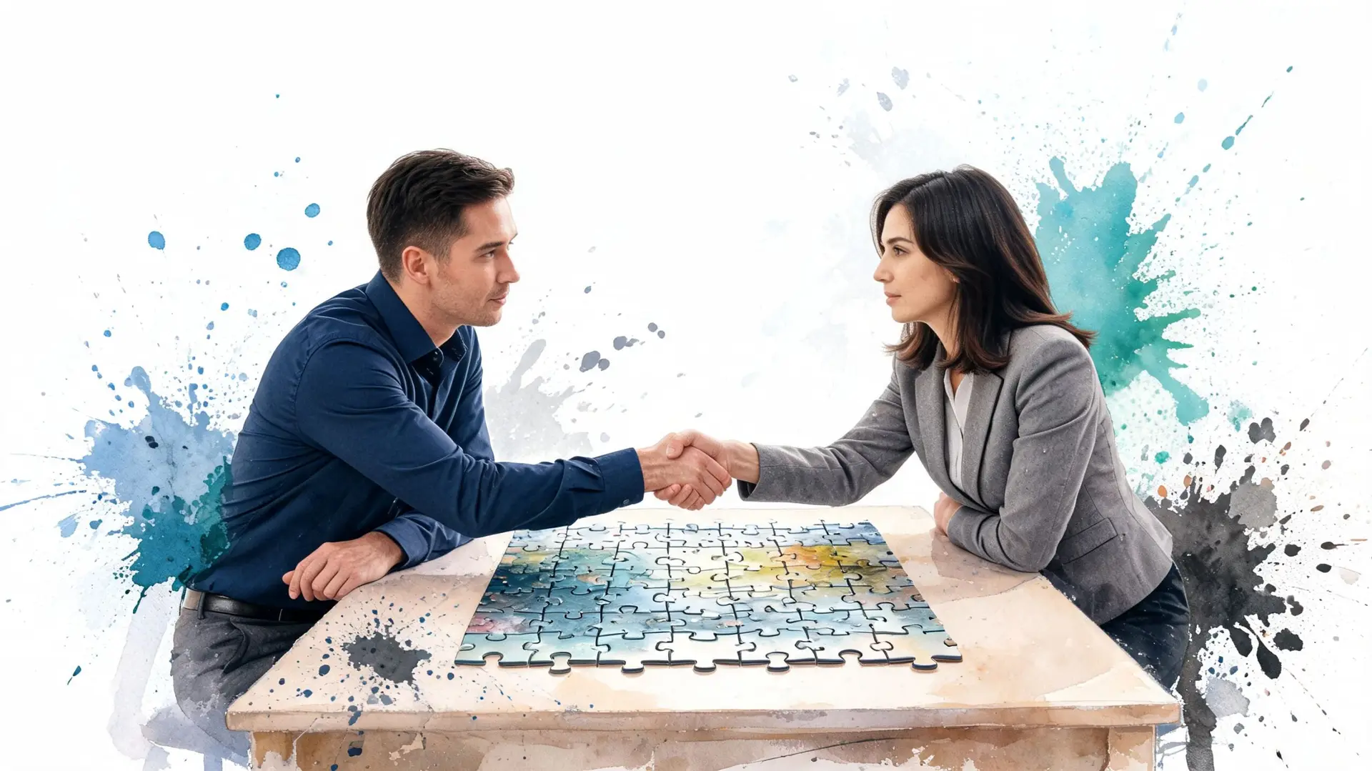 Un uomo e una donna in giacca e cravatta si stringono la mano sopra un puzzle sul tavolo.