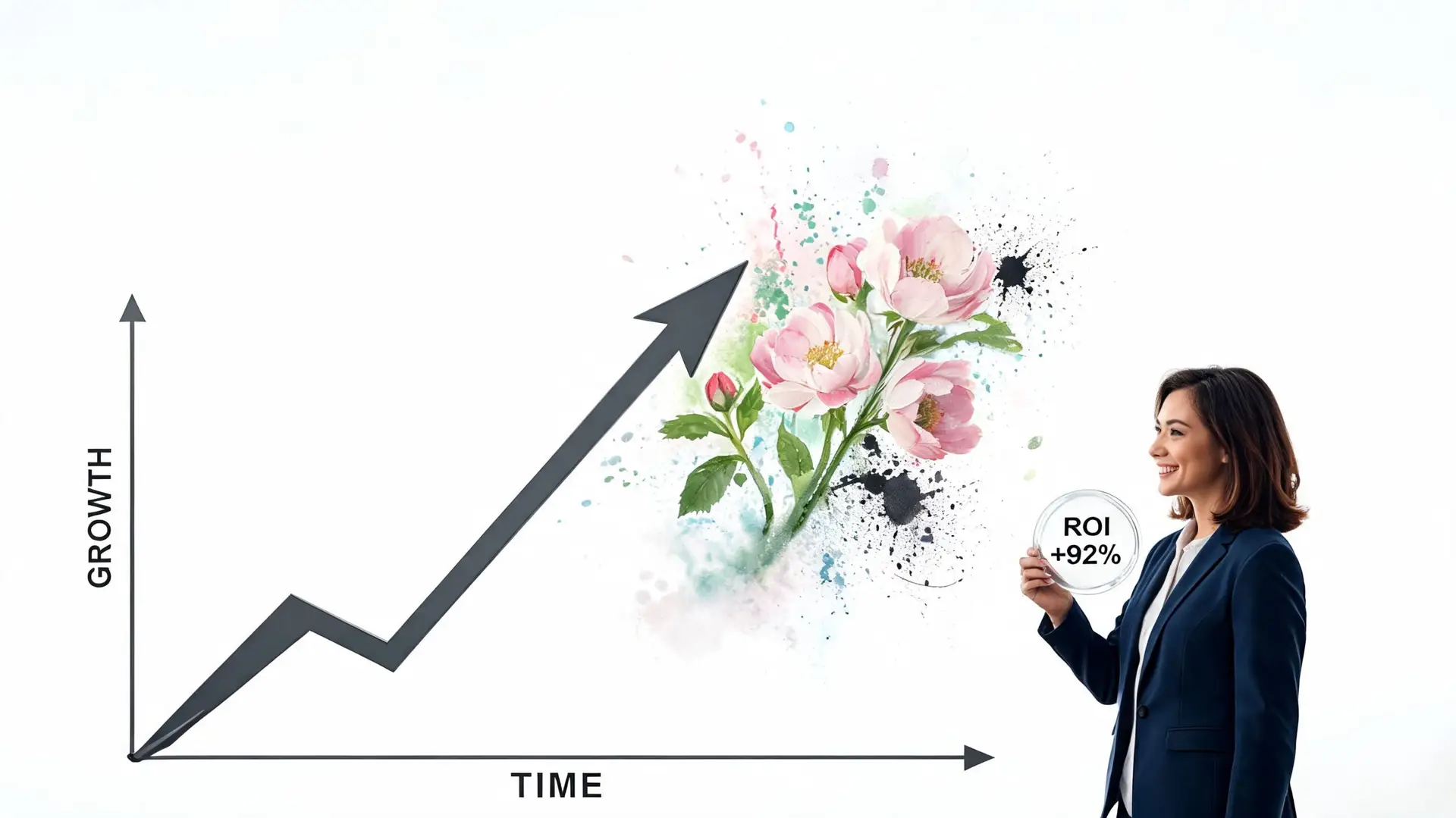 Una business coach sorridente mostra un grafico di crescita con fiori colorati e un indicatore di ROI positivo.