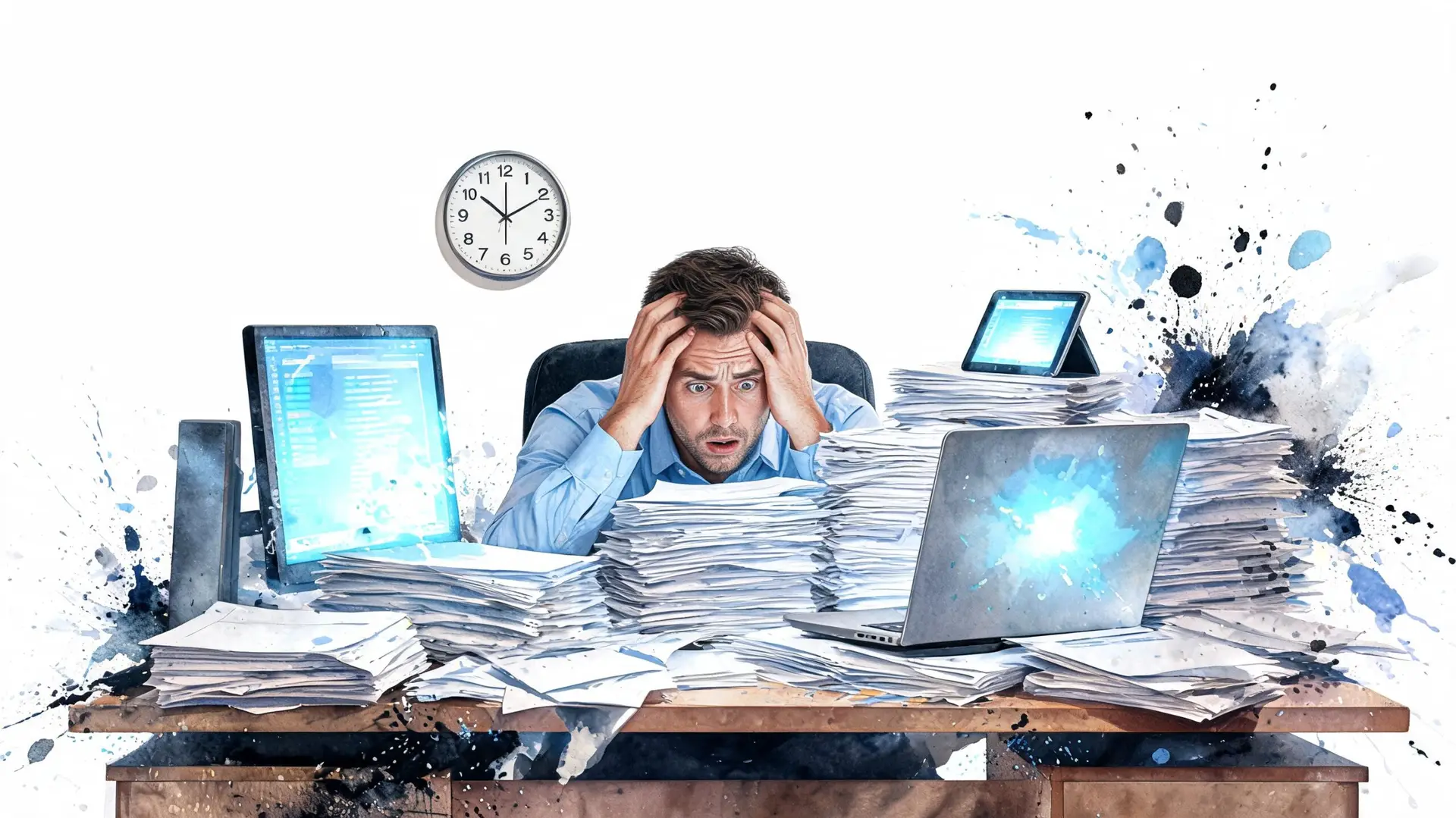Impiegato stressato sopraffatto da una montagna di documenti di lavoro alla sua scrivania in ufficio.